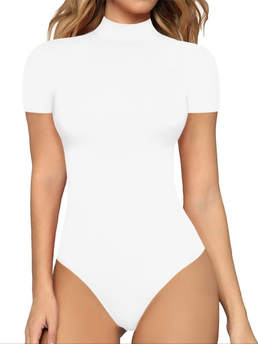 Women's White Short Sleeve Mock Neck Bodysuit Sz S M L XL 2X